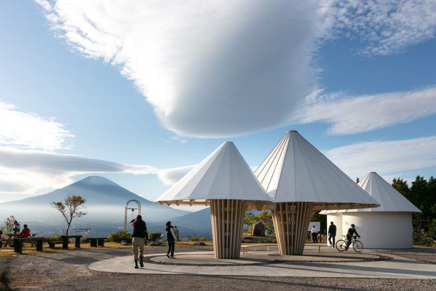 Image of the Oath Hill Park rest canopies with Mount Fuji in the distance